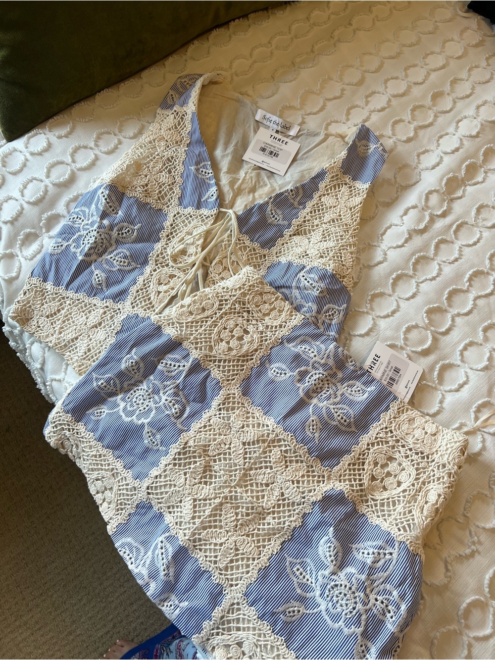 Sofia the Label Striped Blue & Cream Crochet Lace Patchwork SET - Picture 4 of 4